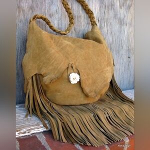Rustic Leather Long Fringe Bag in‎ Mustard Brown by Stacy Leigh